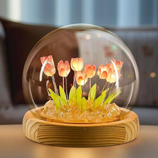 Tulip LED Night Lamp with Glass Dome – Romantic Flower Table Light